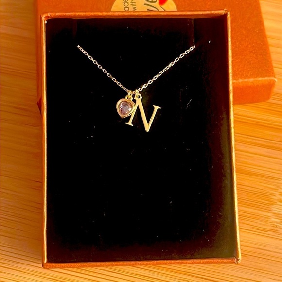 Brand New 14K Gold Plated Sterling Silver Monogram "N" Necklace Alexandrite Gem - Picture 1 of 13